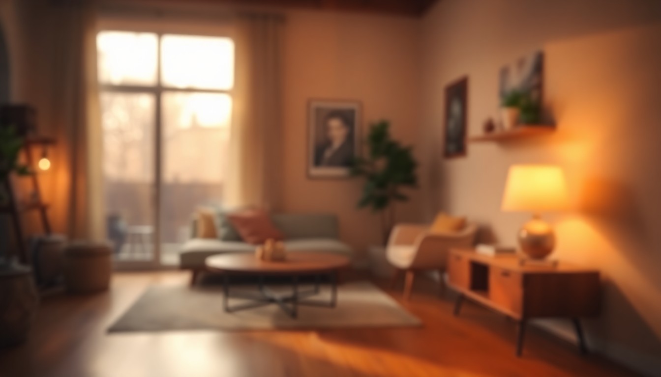 An extremely abstracted, out-of-focus photograph shot through condensation or rain-streaked glass, composed of soft pools of warm, earthy tones that suggest the cozy, modern interior of a townhome with hints of hardwood floors, natural light, and lifestyle accents.