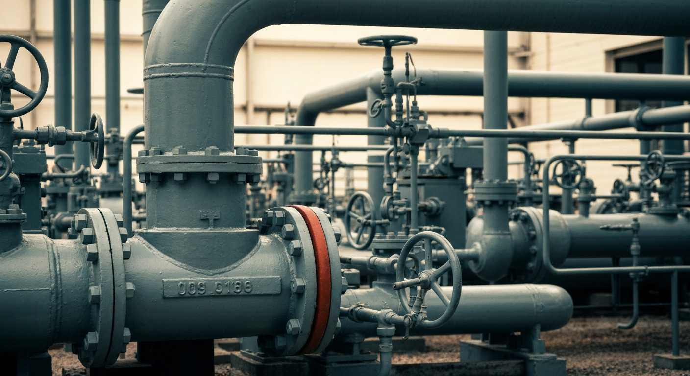 An extreme close-up of large, industrial natural gas equipment and machinery, conveying the physical, mechanical nature of the utility's operations without using any literal financial symbols or text.