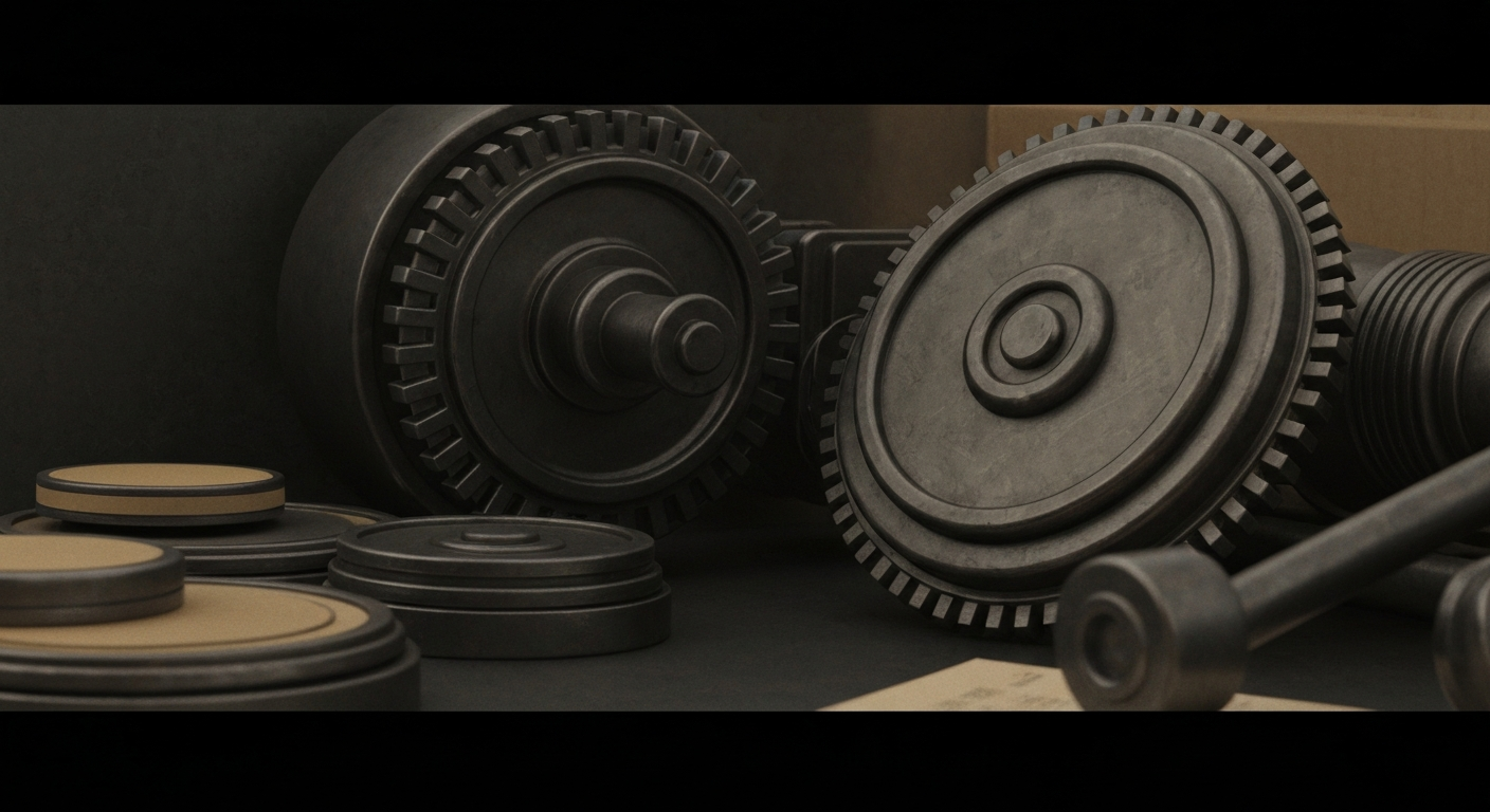 An extreme close-up of complex, industrial-looking financial machinery and equipment, conveying the behind-the-scenes mechanics of institutional investment in a conceptual, non-literal way.