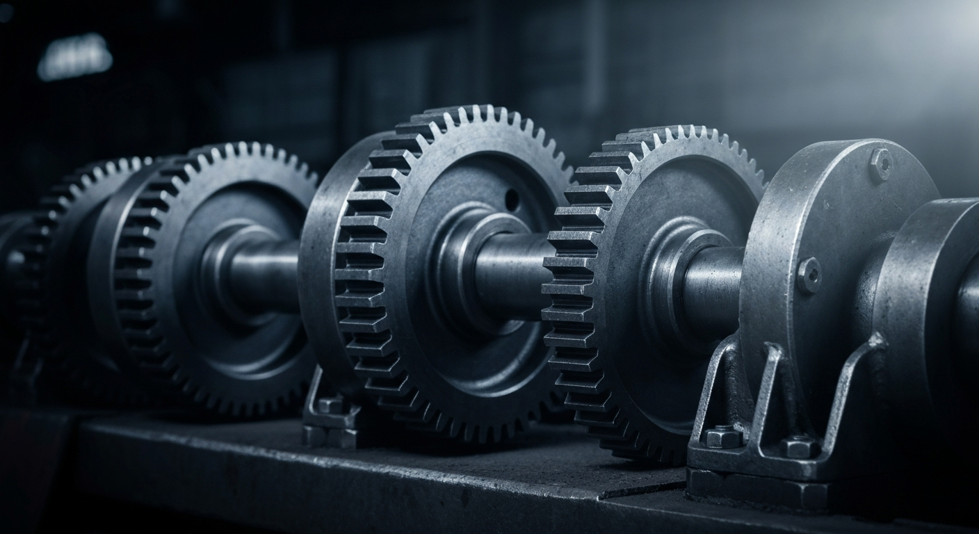 An extreme close-up of gleaming, interlocking steel gears and machinery, conveying the powerful, industrial nature of the steel production business.