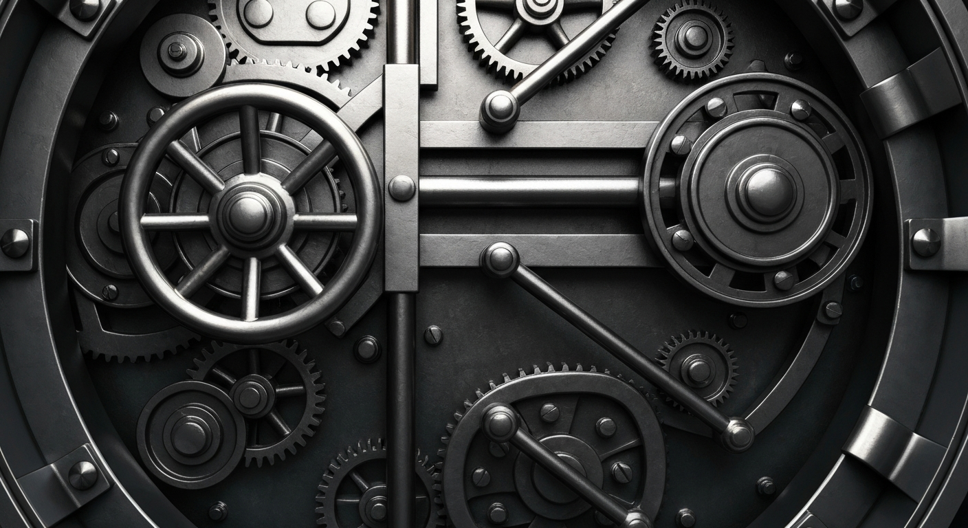 A highly detailed, cinematic close-up of the heavy, industrial mechanisms that make up the inner workings of a bank vault, conveying a sense of the tangible, physical power and security of the financial system.