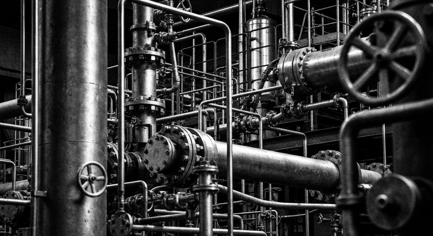 A high-contrast, close-up image of the gears, valves, and pipes of an industrial chemical production facility, conveying the tangible, physical nature of the company's operations.