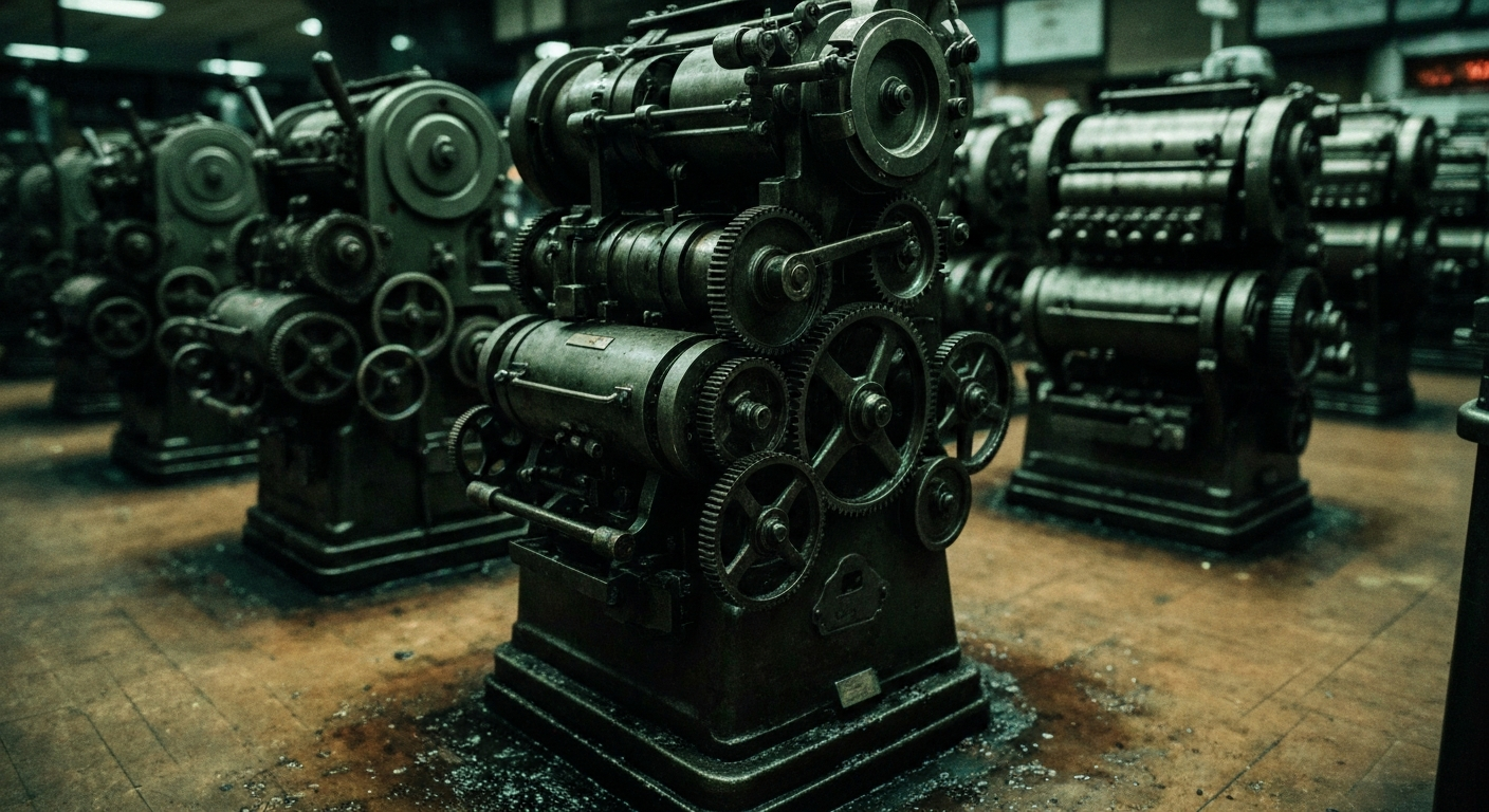 An extreme close-up of the intricate, heavy machinery and mechanisms that power a stock trading floor, conveying the industrial scale and technical complexity of the financial system.