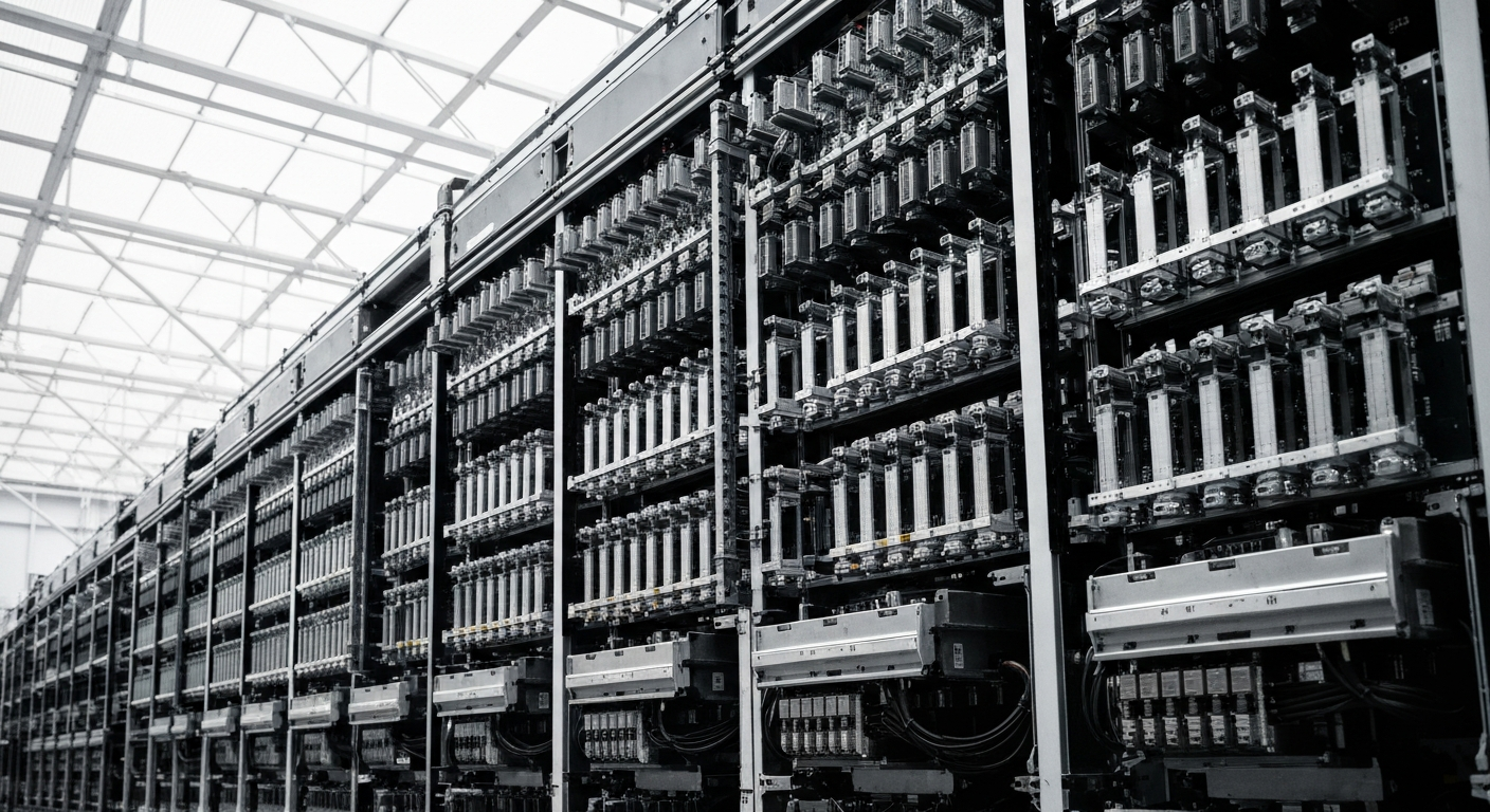 An extreme close-up of the intricate, heavy-duty machinery and cabling that powers a large telecommunications switching station, visually representing the industrial scale and technical complexity of modern network infrastructure.