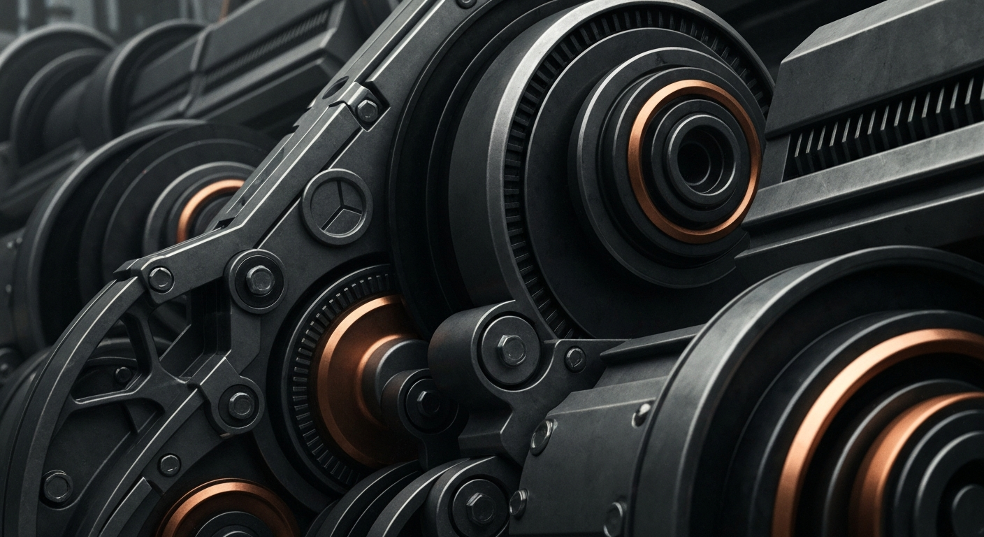 An extreme close-up of industrial banking equipment and machinery in shades of steel grey, copper, and black, conceptually representing the complex financial infrastructure behind Comcast's business.