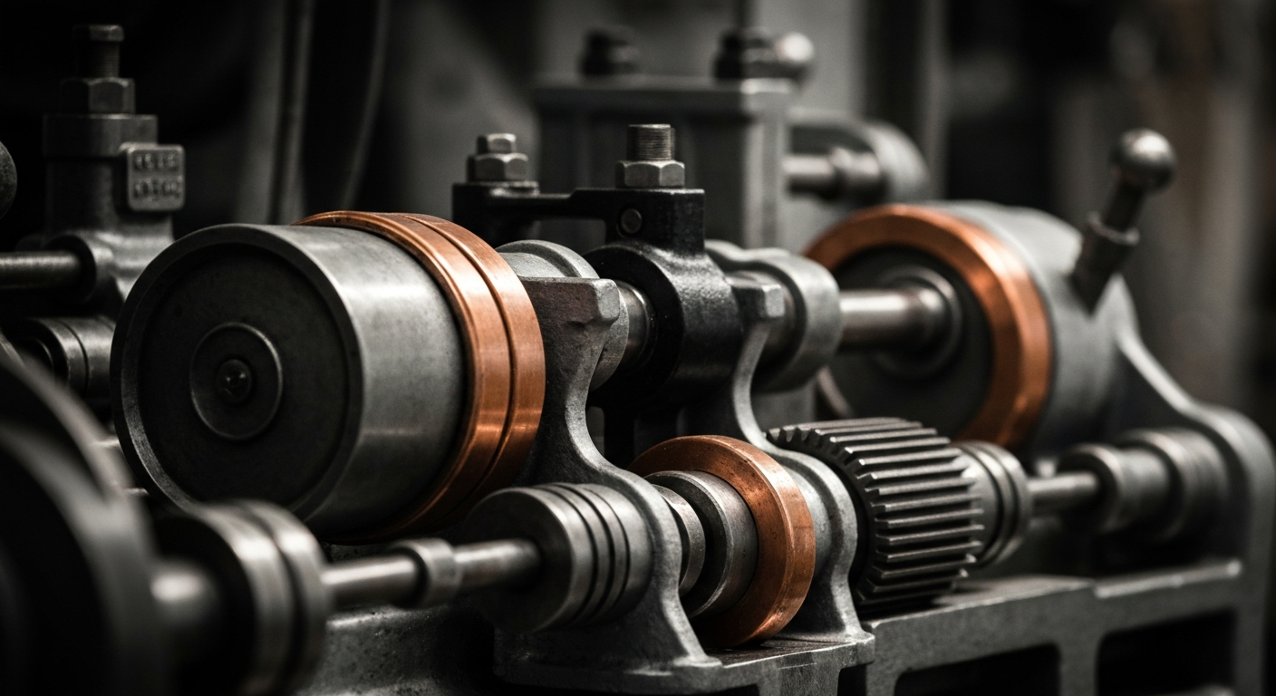 An extreme close-up of a complex array of industrial pipes, valves, and gauges in shades of grey, copper, and black, conveying the intricate infrastructure behind Chevron's energy production.