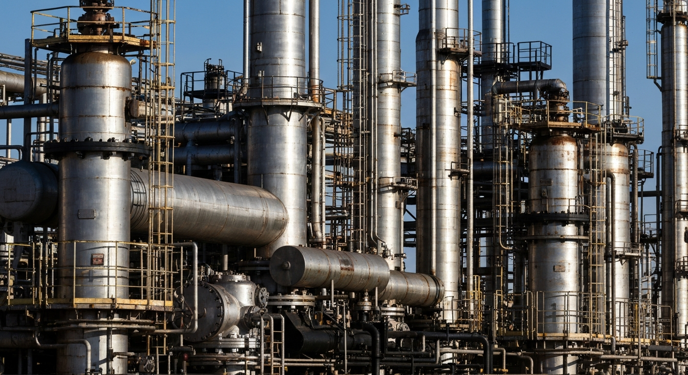 An extreme close-up of complex, interlocking metal machinery in a industrial oil refinery, conveying the scale and infrastructure of the global energy sector.