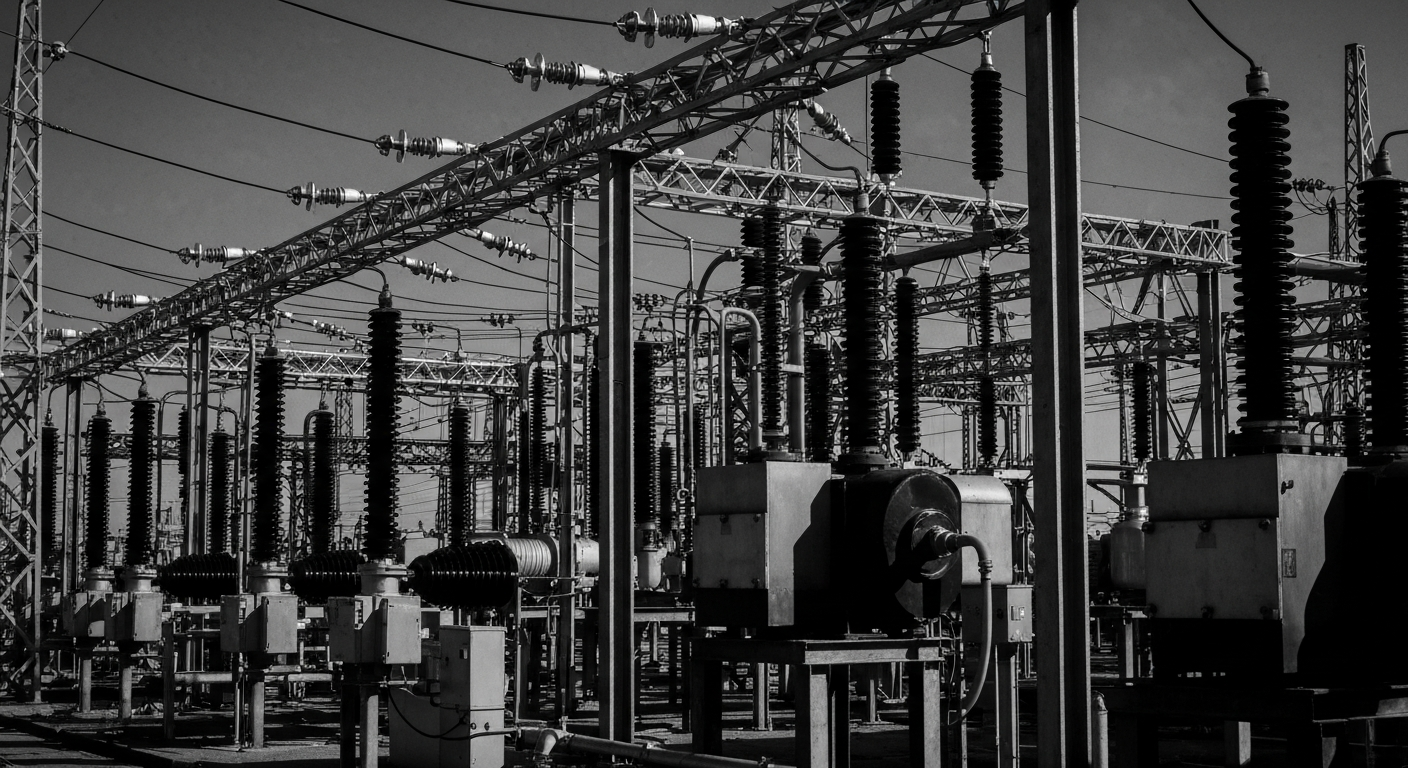 A high-contrast, black-and-white close-up image of the heavy industrial machinery and infrastructure that powers a large electric utility, conveying the scale and complexity of the energy sector through a conceptual, non-literal visual metaphor.