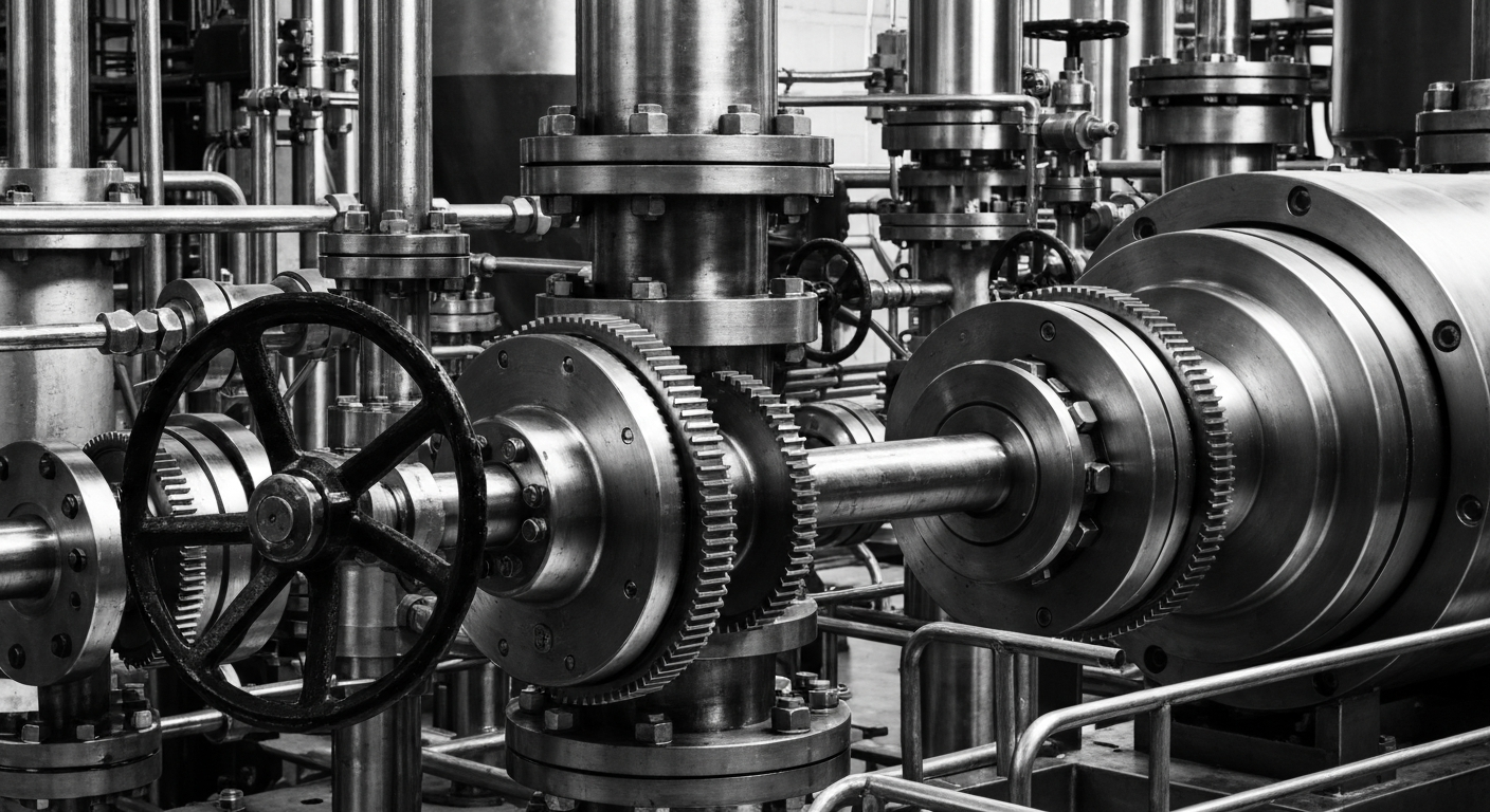 A high-contrast black and white close-up of the complex gears, valves, and machinery that make up the manufacturing infrastructure of a major pharmaceutical company.