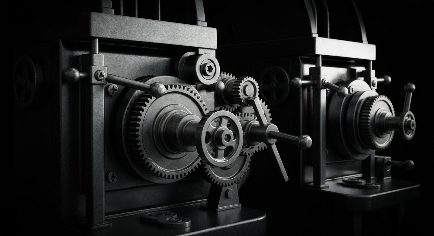 An extreme close-up of the complex, industrial mechanisms that power the financial system, conveying a sense of institutional strength and security without using any literal financial symbols or text.