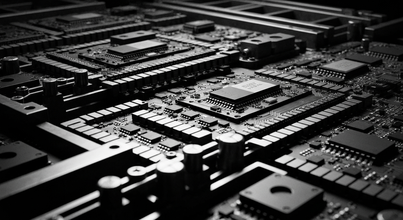 A cinematic close-up of intricate semiconductor circuitry and machinery, rendered in a high-contrast, industrial style that conveys the power and complexity of modern electronics manufacturing.