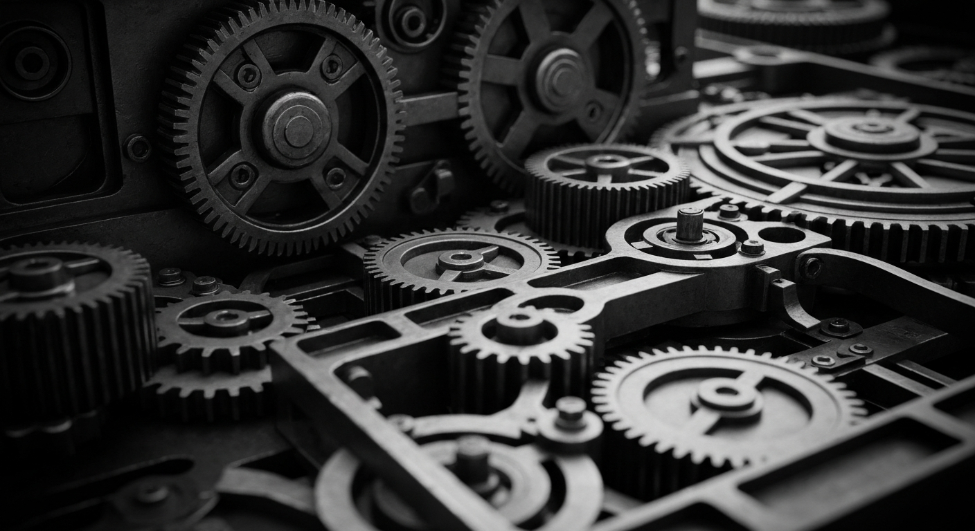 A high-contrast black and white close-up of the complex gears and circuits of a stock trading terminal, representing the financial machinery underlying Disney's stock performance.