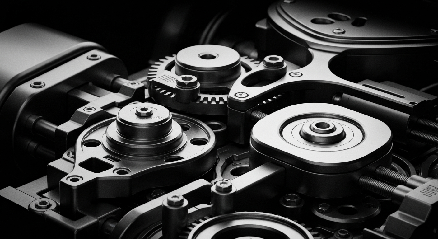 A high-contrast, close-up image of the intricate mechanical components that power Align Technology's Invisalign system, conveying the advanced engineering and technology behind the company's innovative dental products.