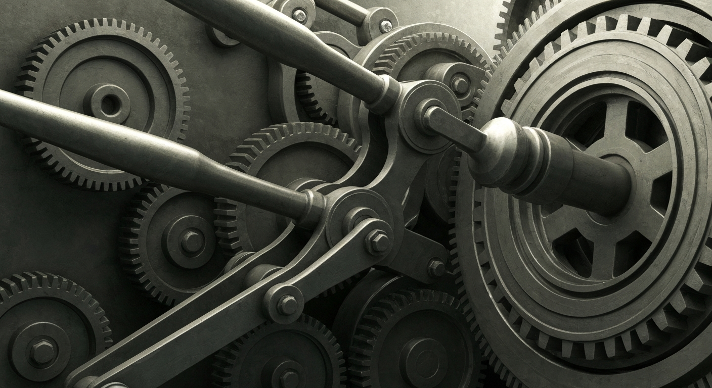 An extreme close-up of industrial machinery components in muted tones, conceptually representing the complex financial infrastructure and institutional investment that powers global asset management.