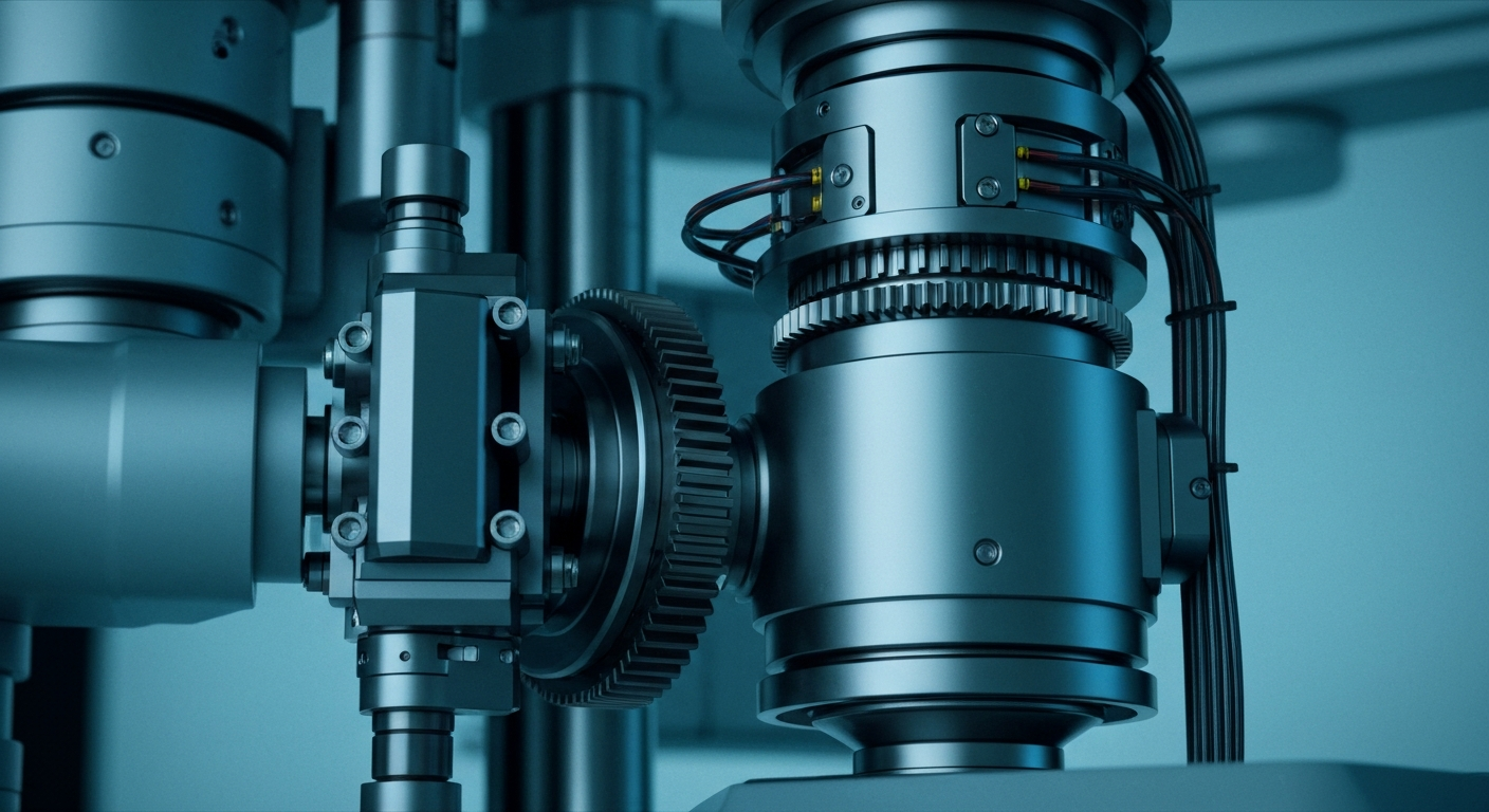 A cinematic close-up of the intricate gears, sensors, and mechanical components that make up a robotic surgical system, rendered in high detail and dramatic lighting to convey the complex technology powering these medical devices.