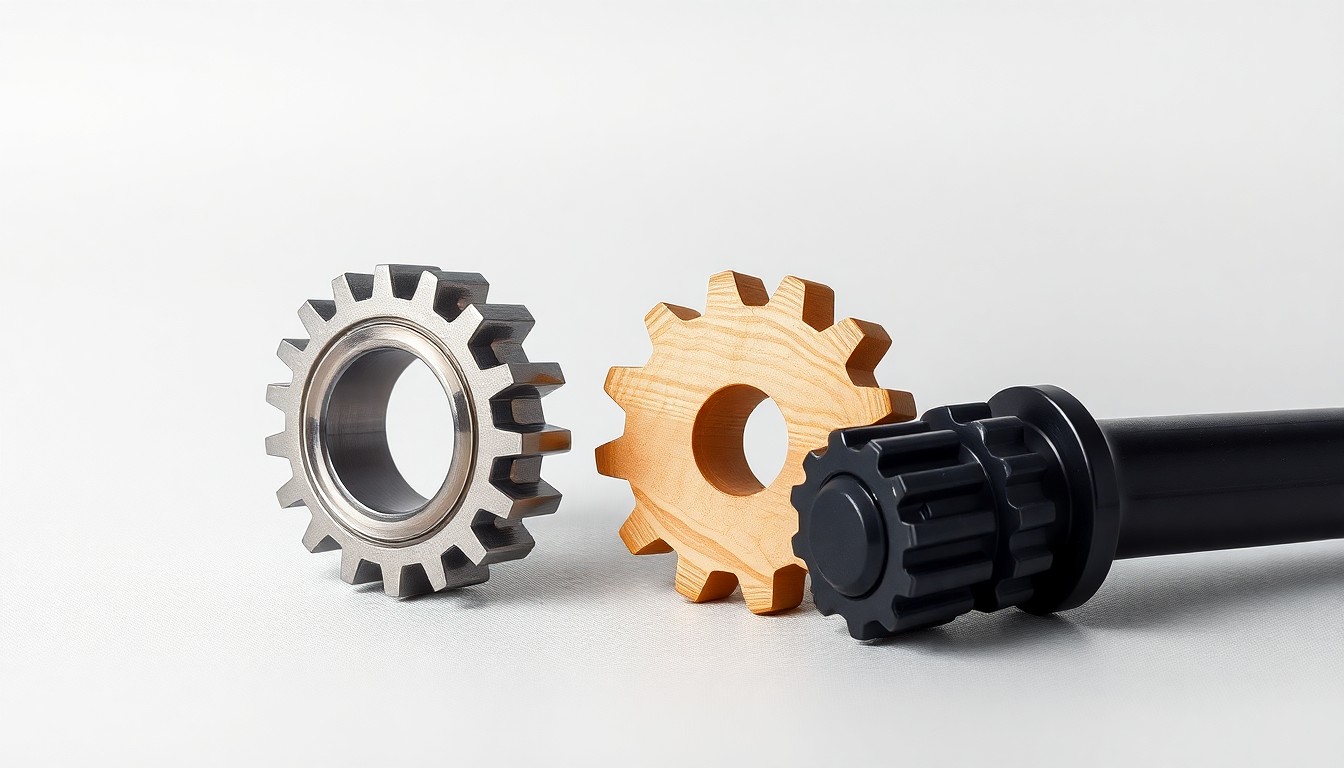 A high-end, photorealistic studio still-life photograph featuring a polished metal gear, a smooth wooden gear, and a sleek black gear shaft arranged elegantly on a clean, monochromatic seamless background, conceptually representing abstract corporate strategy, finance, and markets.