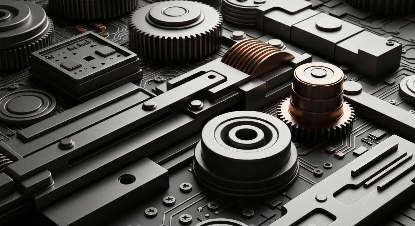 A cinematic close-up of heavy, tangible banking mechanics and objects such as gears, levers, and circuits in muted tones of steel grey, copper, and black, conceptually representing the institutional strength and financial infrastructure behind Intuit's cloud-based software products.