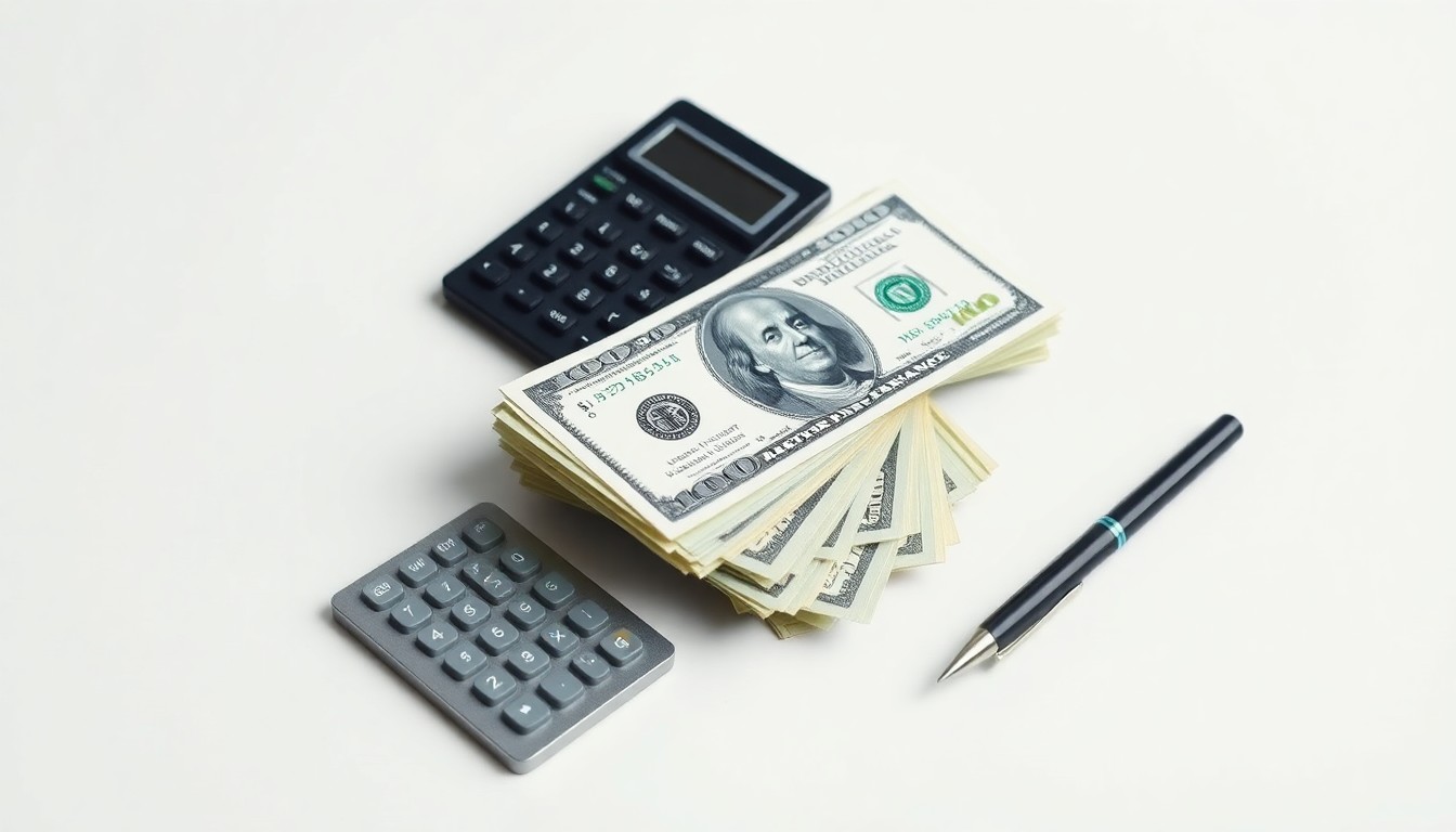 A photorealistic studio shot of a stack of dollar bills, a calculator, and a pen arranged on a clean white background, symbolizing the financial management decisions of institutional investors.