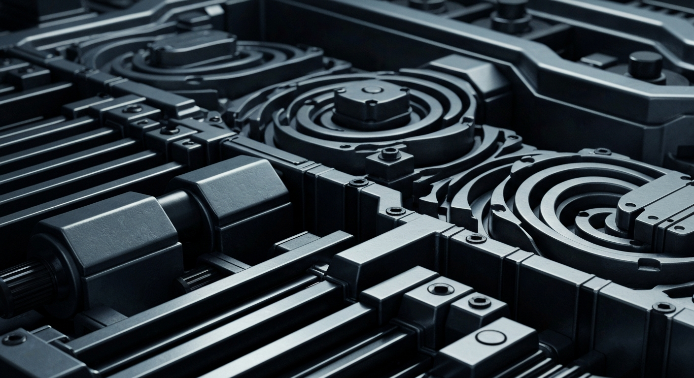 An extreme close-up of complex, interlocking banking machinery in shades of grey, blue, and black, conceptually representing the intricate financial infrastructure behind institutional investments.