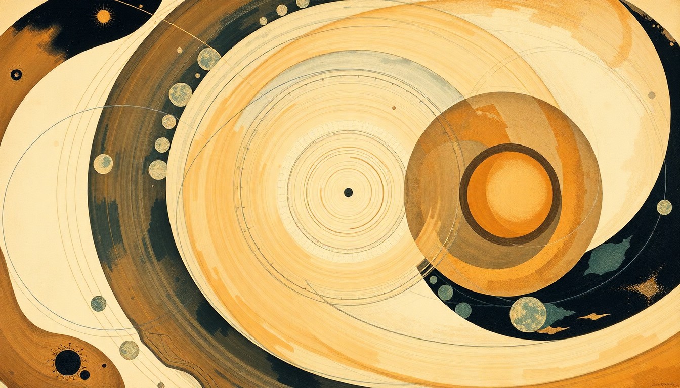 A highly structured abstract painting in soft earth tones, featuring sweeping geometric arcs, concentric circles, and precise botanical spirals, conceptually representing the complex scientific forces and processes involved in extracellular vesicle research.