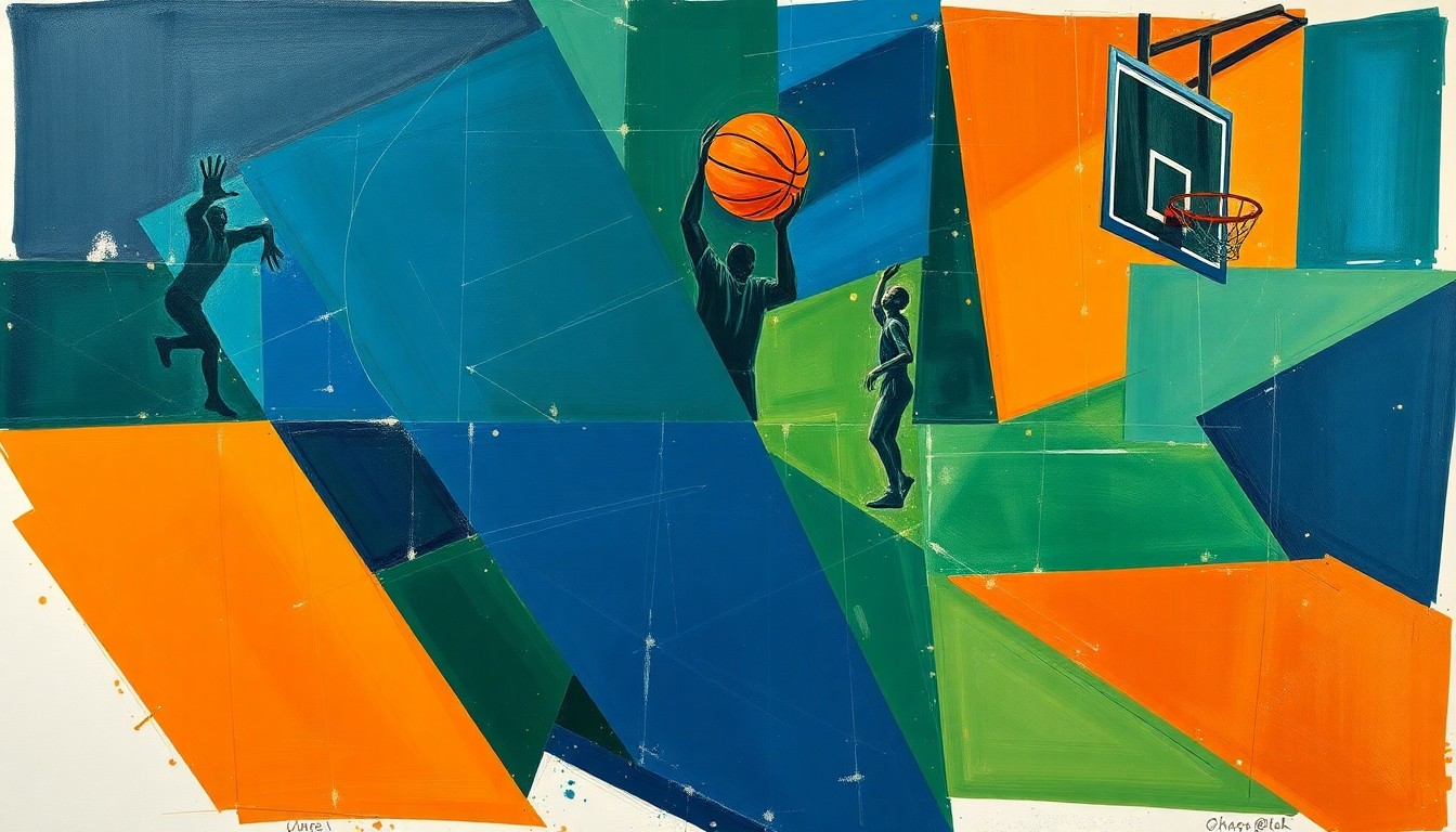 A cubist-style painting depicting fragmented, overlapping geometric shapes in navy, green, and orange hues, representing the dynamic relationship between a basketball player and coach.