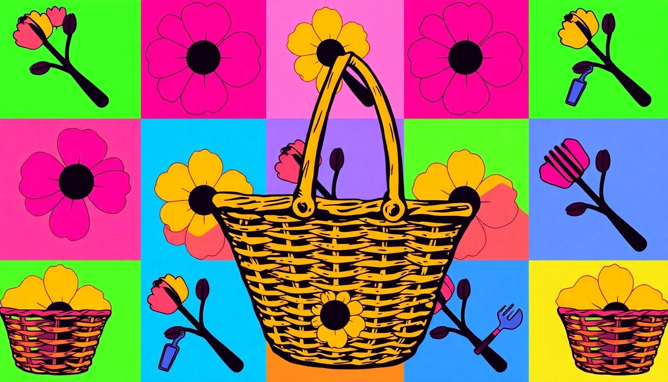 A vibrant, abstract silkscreen print composed of repeated images of a gardening trowel in bright shades of green, orange, and pink, conceptually representing the energy and creativity of a spring festival.