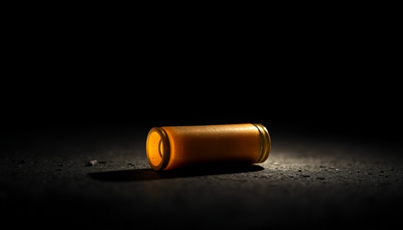 An extreme close-up photograph of a spent bullet casing on a dark concrete surface, lit by a harsh, direct camera flash, conceptually representing the investigation into a police shooting incident.