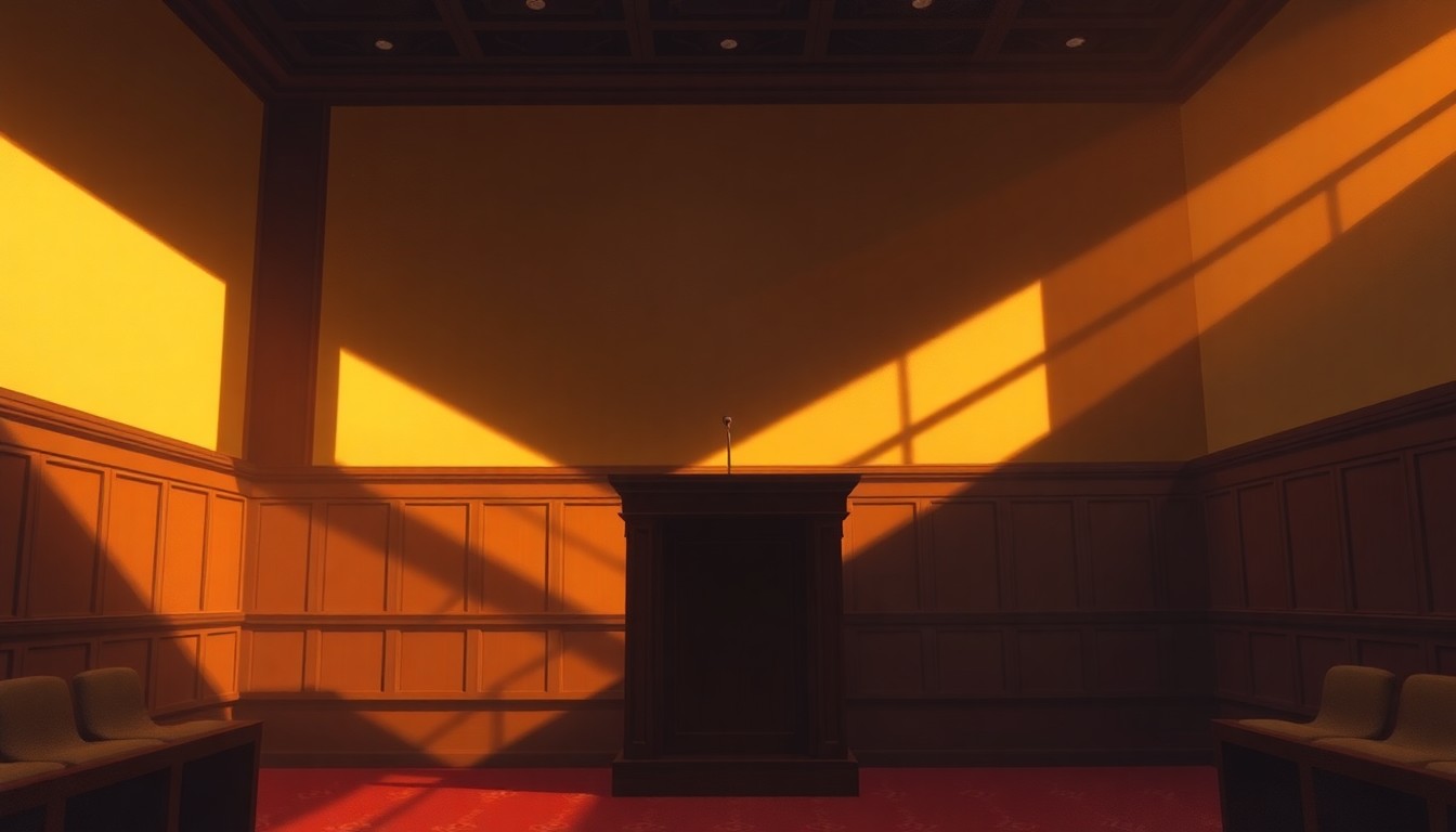 A dimly lit, cinematic painting of an empty city council chamber podium, with warm sunlight streaming in through a window and casting long shadows across the scene, conveying a sense of political tension and uncertainty.