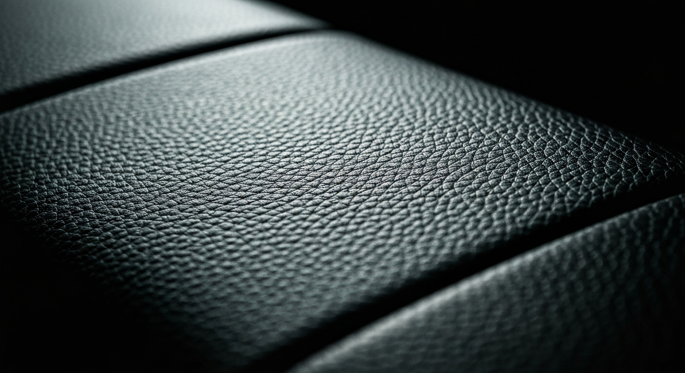 An extreme close-up photograph capturing the intricate, pebbled texture of an automobile's leather interior, conveying a sense of the raw materials and craftsmanship that go into modern vehicle design.