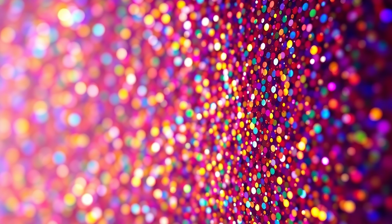 An extreme close-up photograph of shimmering, reflective sequins in a kaleidoscope of vibrant colors, capturing the glamorous and energetic atmosphere of a K-pop festival performance.
