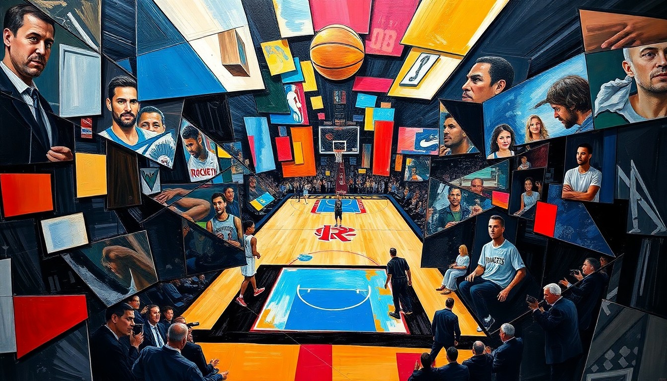 A fragmented, geometric painting depicting a basketball game, with players and the court broken down into sharp, angular shapes and planes of color, conveying the intensity and excitement of the matchup.