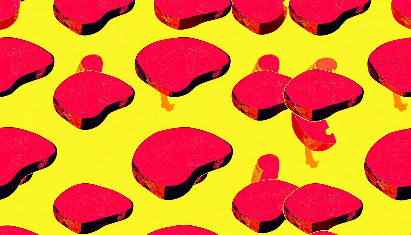 A brightly colored, high-contrast silkscreen print of a single, iconic meat product repeated in a tight grid pattern, conceptually representing the University of Idaho's investment in meat science education.