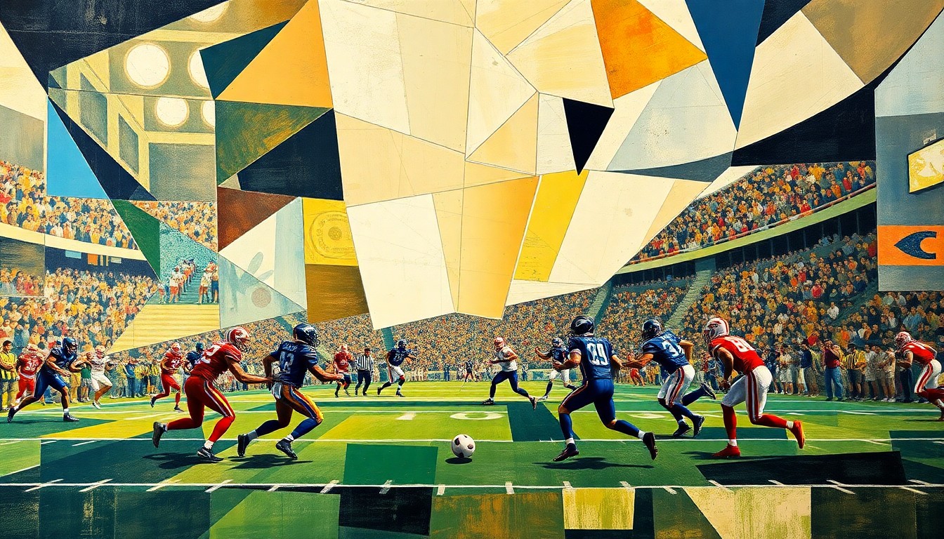 A fractured, cubist-style painting depicting the dynamic motion and energy of a football game, with players and the field reduced to abstract geometric shapes and planes in a vibrant color palette.