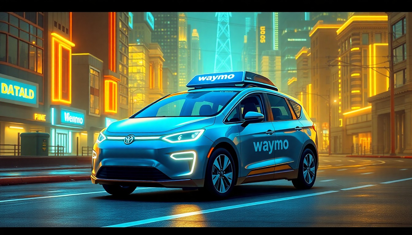A highly detailed, glowing 3D illustration of a Waymo autonomous vehicle surrounded by a cityscape of neon-lit buildings and infrastructure, representing the resilience and adaptability of self-driving technology in the face of a major power outage.