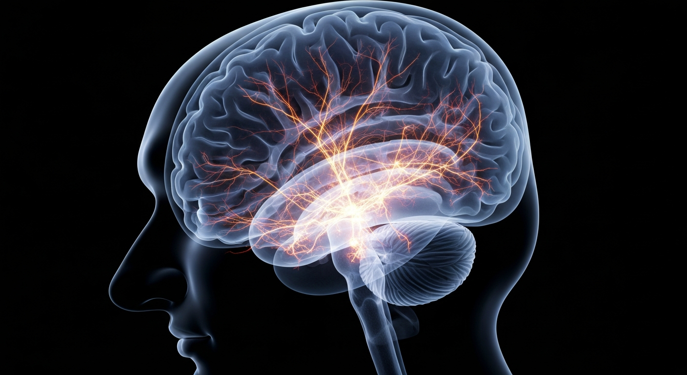 A translucent, ghostly X-ray photograph revealing the intricate structures of the human brain, glowing against a dark background, conceptually representing the fragility of mental health services.