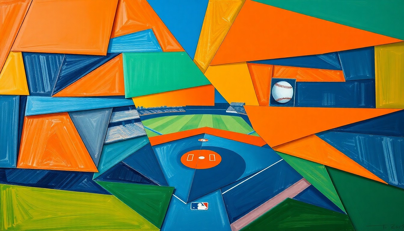 A fractured, abstract painting in bold colors depicting the action of a baseball game, representing the emotional complexity of Jeff McNeil's return to his former home stadium.