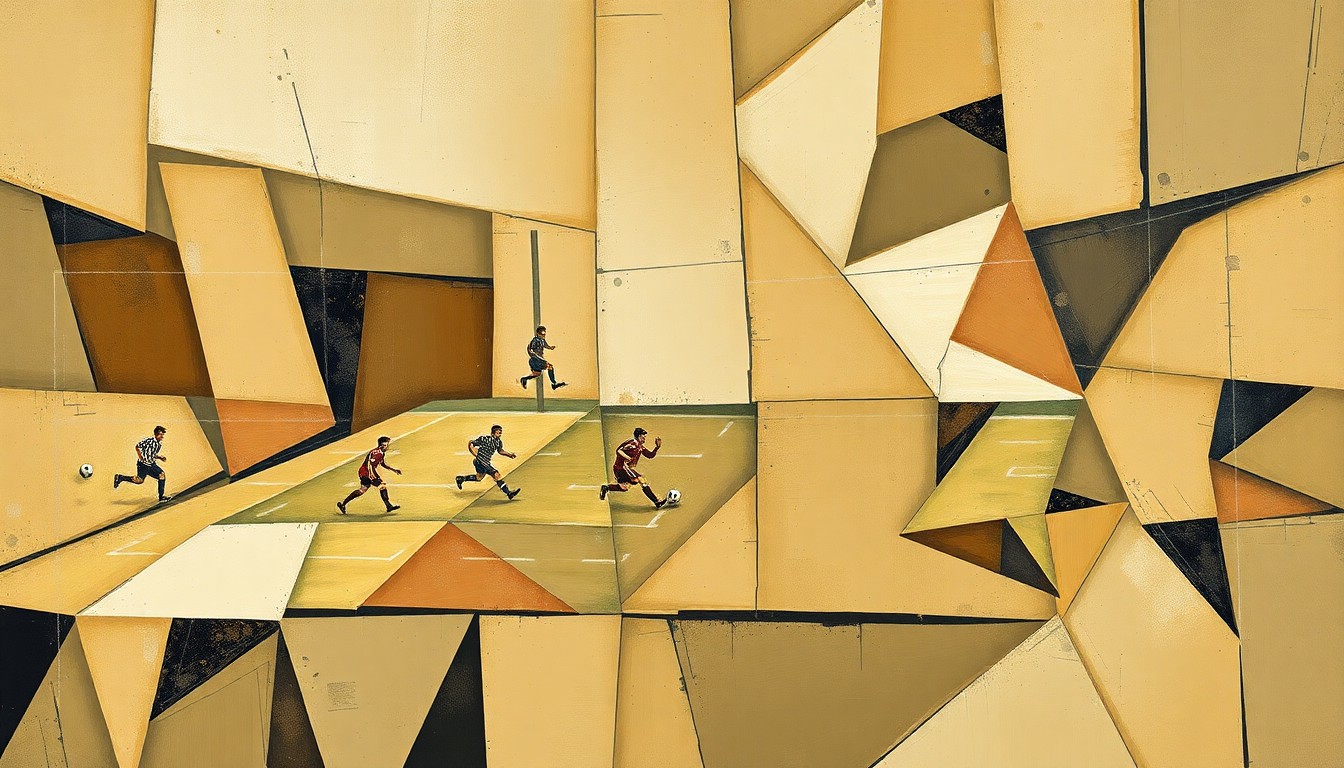 A cubist, geometric painting depicting a fragmented football field, with players and equipment broken down into sharp, angular shapes and planes in muted earth tones, capturing the intensity and strategy of the sport.