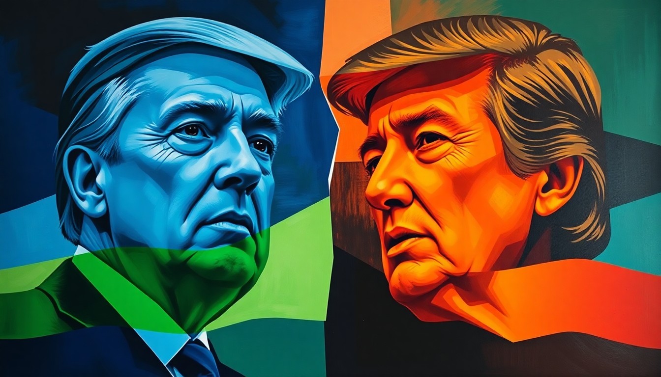 An abstract, fragmented painting in bold colors depicting two figures in motion, representing the clash of political ideologies in the Iowa Senate race.