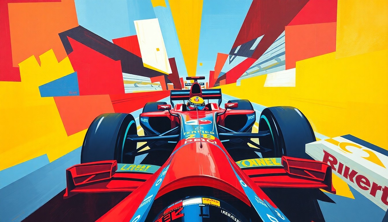 A cubist, geometric painting depicting a fractured, multi-perspective scene of a Formula 1 race, with sharp planes of color representing the speed and energy of the sport.