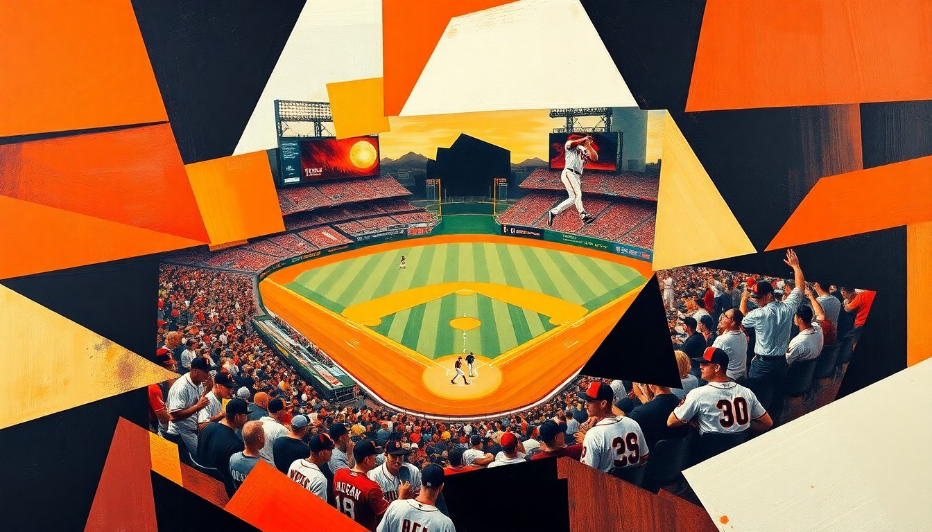 A cubist, geometric painting depicting a baseball game in motion, with the players and field broken down into sharp, overlapping planes of vibrant orange, black, and white colors.