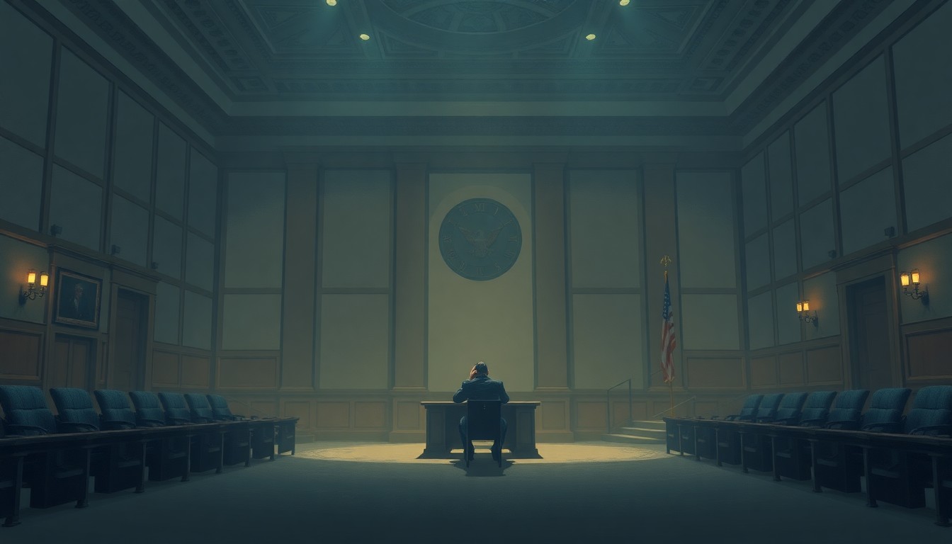 A dimly lit, cinematic painting of a solitary figure sitting at a desk in a city council chamber, conveying a sense of political turmoil and the weight of public office through muted colors and a somber, introspective mood.