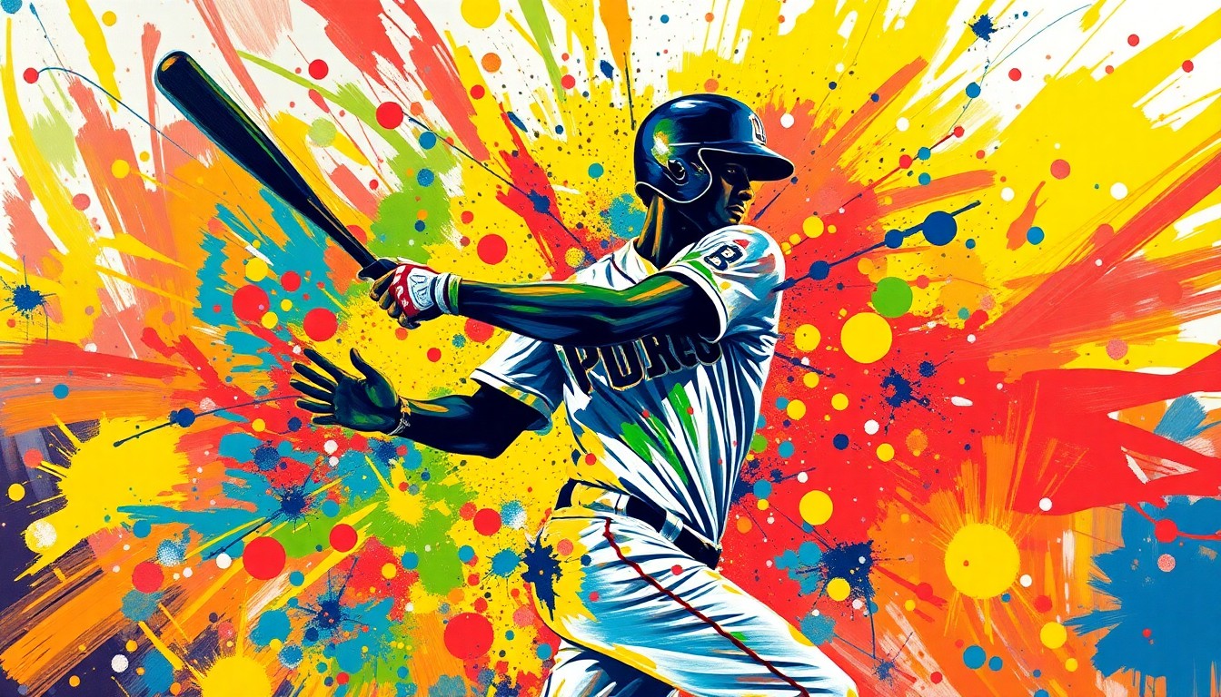 An abstract, expressionist painting in vibrant neon colors, capturing the raw energy and excitement of a Padres walk-off win, with the batter's silhouette dissolving into unrecognizable splatters of paint.