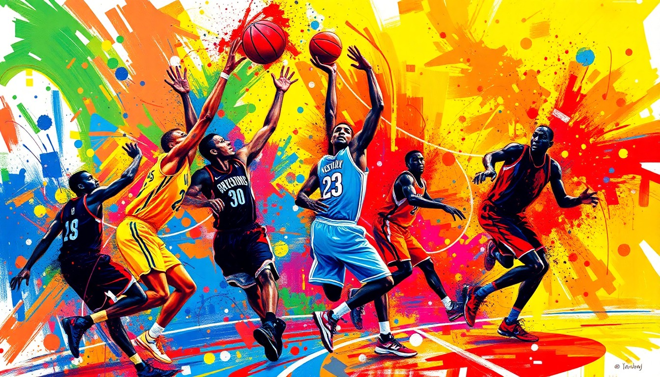 An abstract, expressionist painting in vibrant neon colors, capturing the dynamic movement and energy of a basketball game, with players' forms dissolving into unrecognizable shapes and splatters.