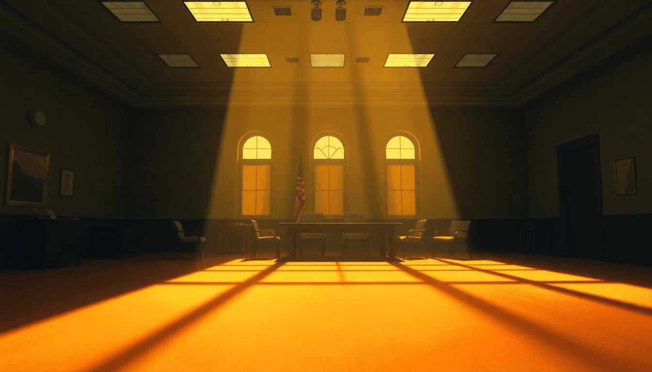 A dimly lit, cinematic painting of an empty government office or meeting room, with warm sunlight streaming in through a window and casting deep shadows across the space, conveying a sense of quiet contemplation and the need for accountability.