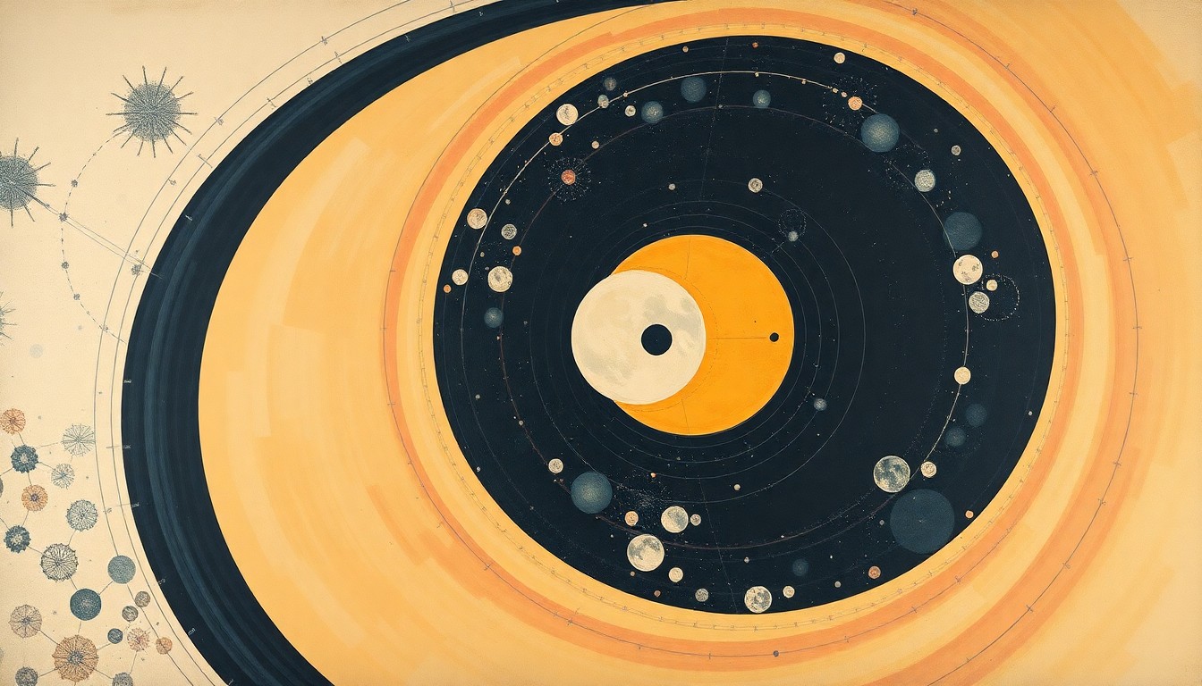 A highly abstract, geometric painting in soft, muted tones depicting sweeping arcs, concentric circles, and precise spirals, conceptually representing the complex scientific forces and innovations driving the next era of lunar exploration.