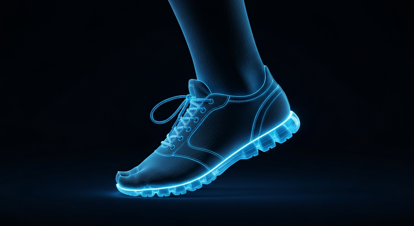 A glowing neon outline of a human foot in a dynamic, energetic pose, conveying the active movements required to prevent and treat plantar fasciitis.