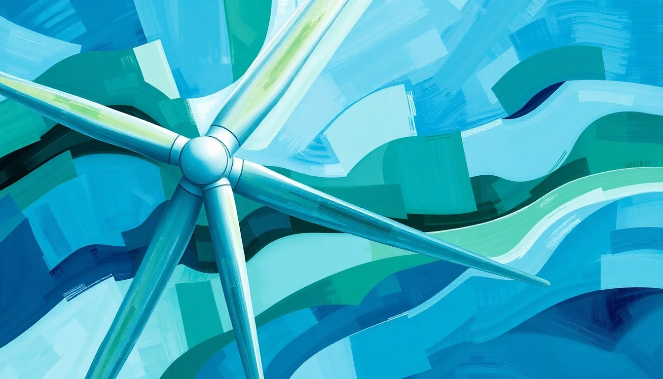 A dynamic, abstract painting depicting a wind turbine in motion, with overlapping geometric shapes and waves of color in shades of blue, green, and gray, conveying the complex challenges facing states as they work to transition to clean energy.