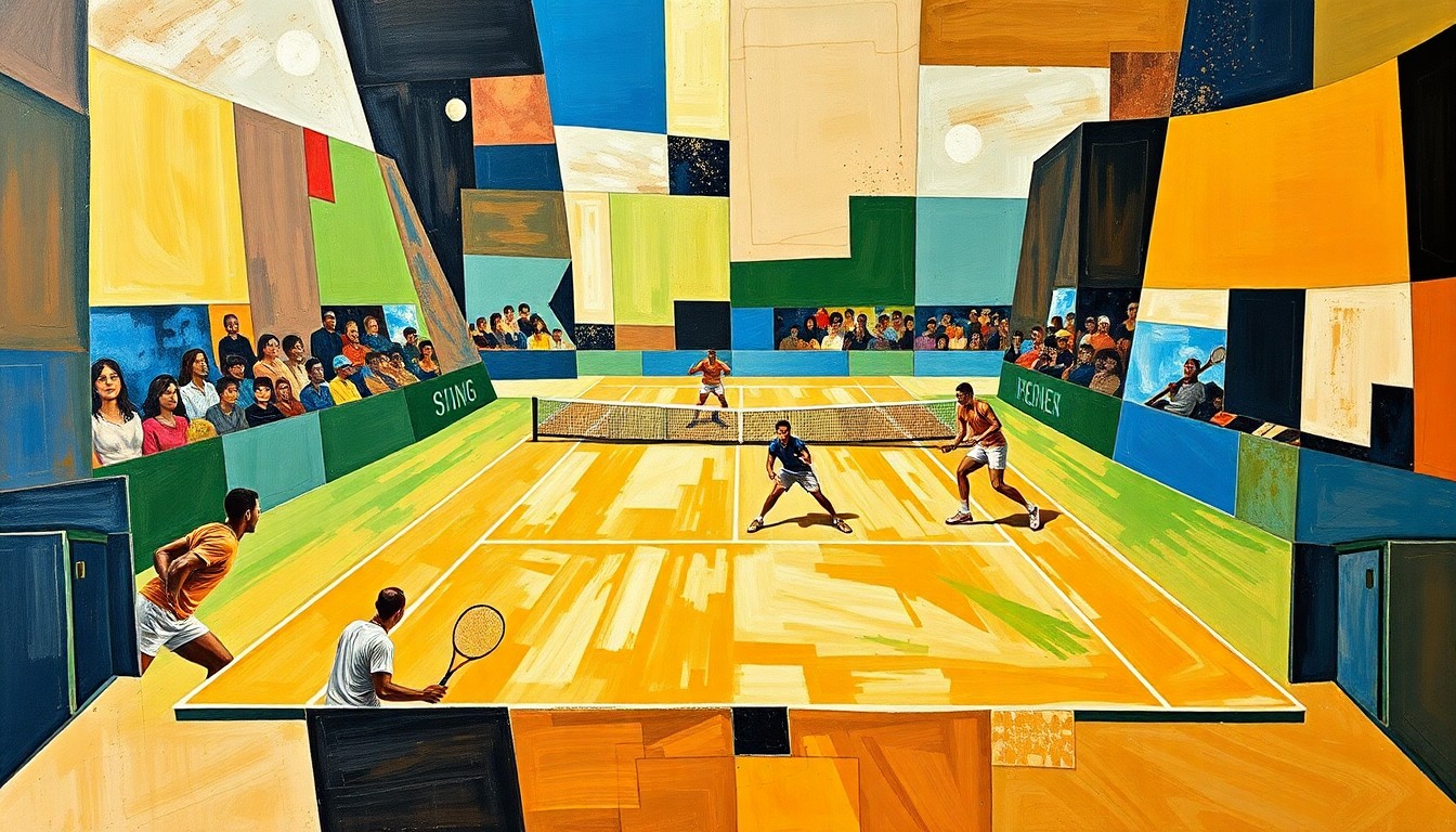 A cubist-style painting depicting a tennis match, with the players and court broken down into sharp, overlapping geometric shapes and planes in a vibrant color palette, conveying the dynamic energy and tension of the upcoming match.