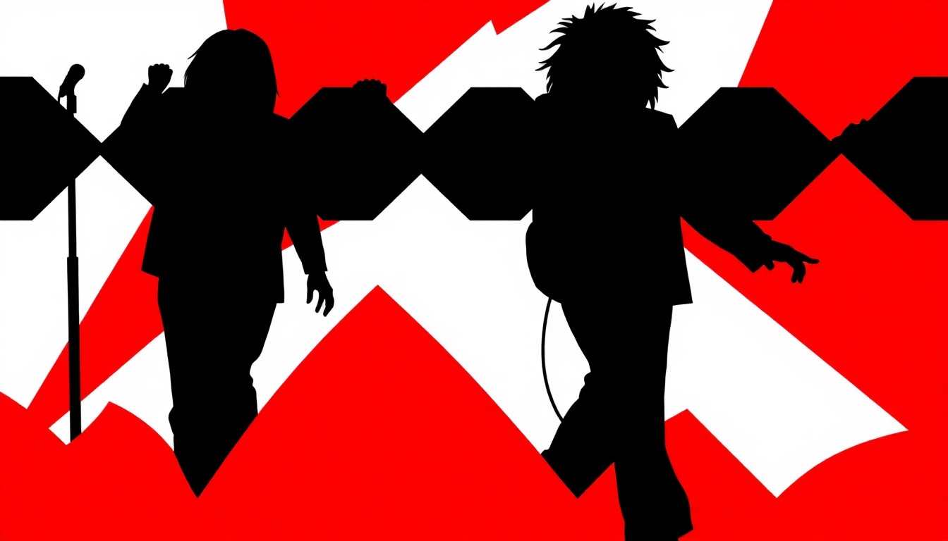 A bold, abstract illustration featuring stark geometric shapes and silhouettes in high-contrast colors, capturing the energy and dynamism of the Japanese pop group KID PHENOMENON's performances at SXSW 2026.