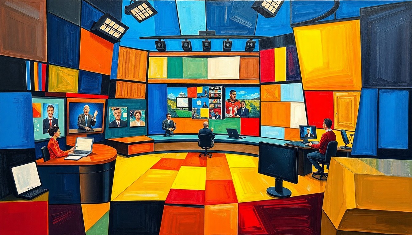 A cubist-style painting depicting a fragmented sports broadcast studio, with various media equipment and personalities broken down into sharp, overlapping geometric shapes in vibrant colors like blue, red, and yellow, conveying the complex and evolving nature of sports media.